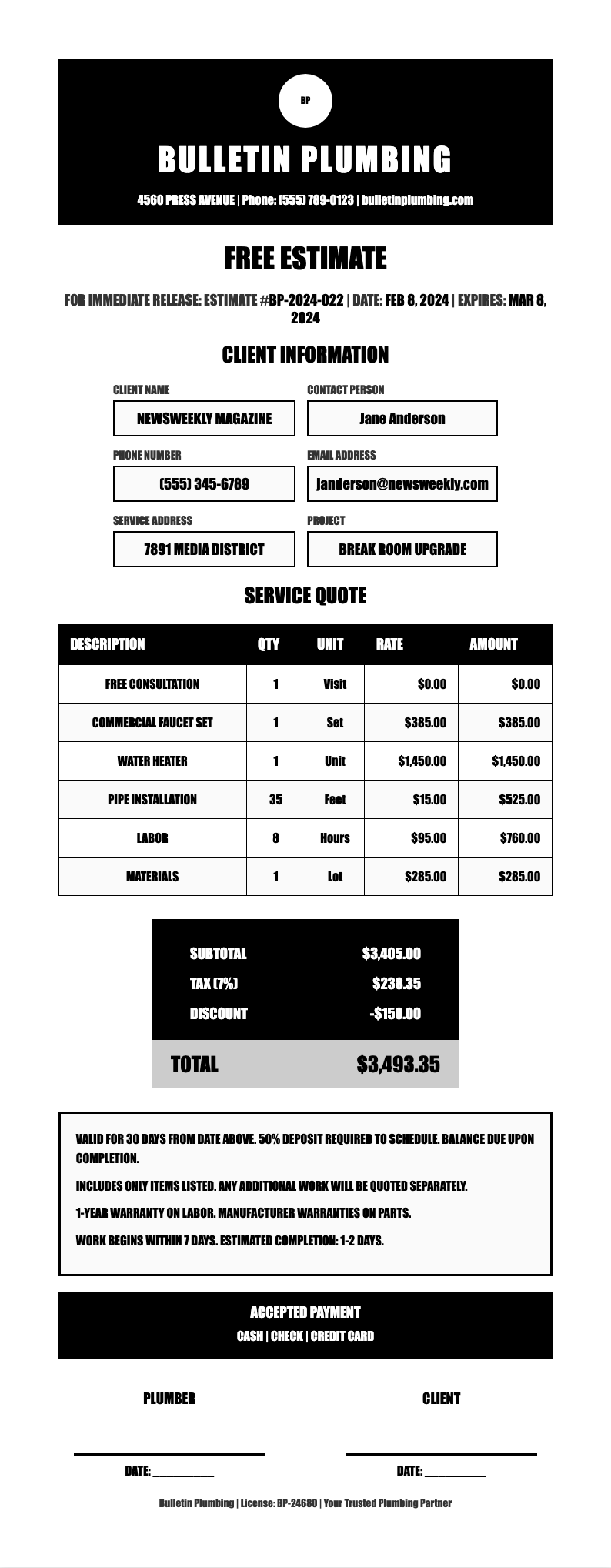 Business Classic plumbing estimate template